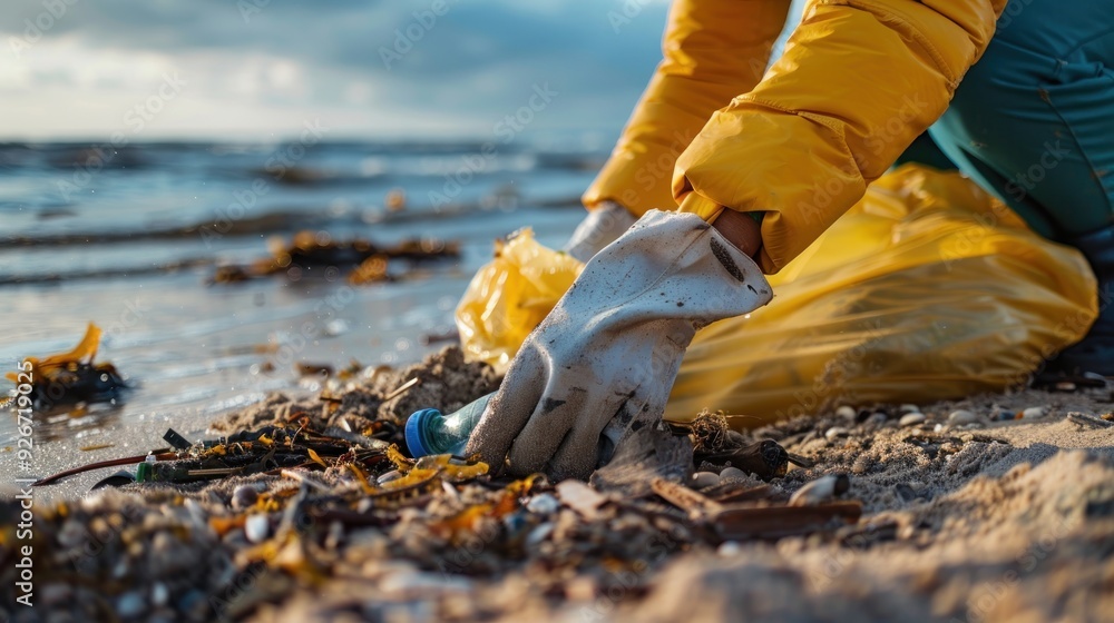 Obraz premium Volunteer placing trash into a garbage bag on the beach, close-up, focus on hands and trash.