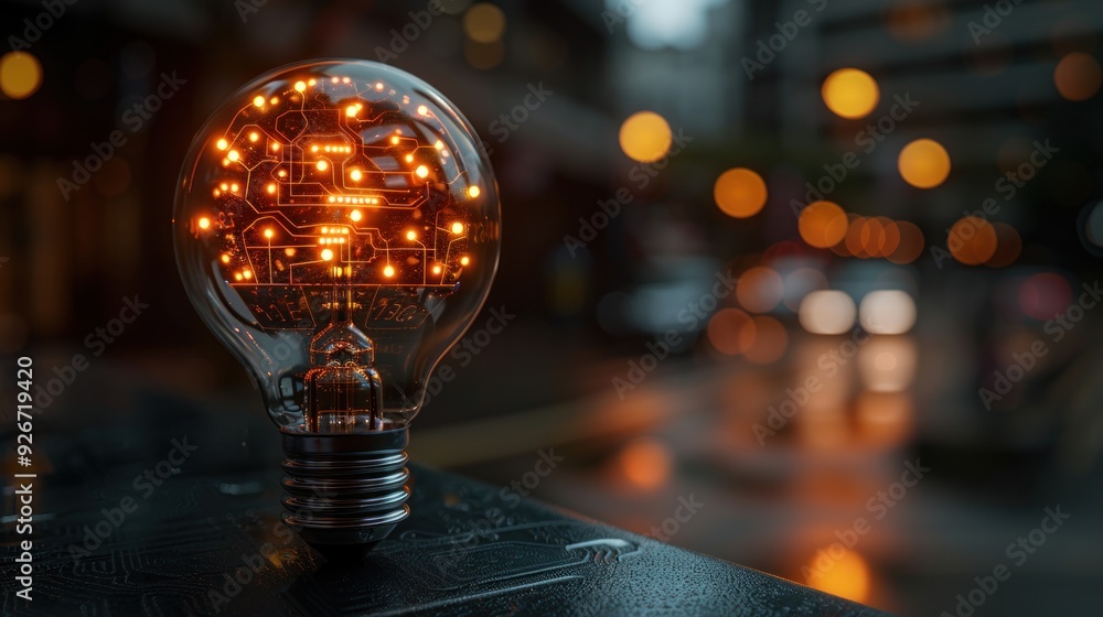 Minimalist 3D light bulb with circuit board pattern, brain inside, technology, intellect, black surface. Minimalist 3D light bulb with circuit board pattern, brain inside, technology, intellect, black surface.