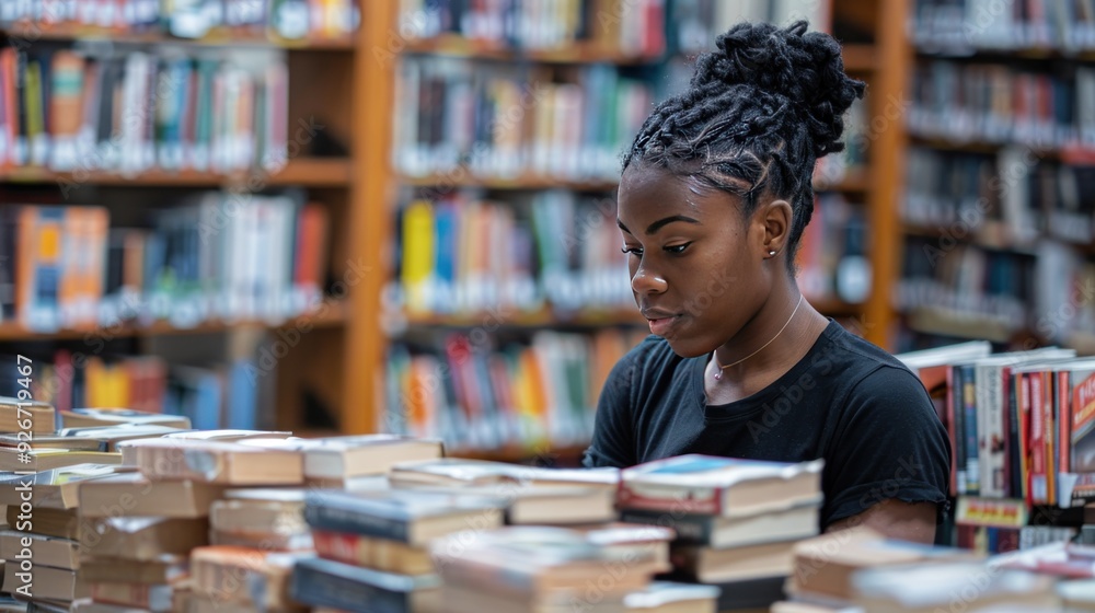 Charity worker sorting donated books in a library, preparing for distribution to schools and community centers. Charity worker sorting donated books in a library, preparing for distribution to schools and community centers.