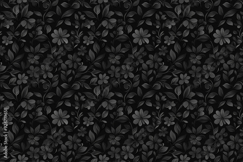 black floral seamless wallpaper featuring detailed monochrome flower and leaf pattern tile, perfect for adding a touch of elegance and sophistication, textile, fabric, backdrop