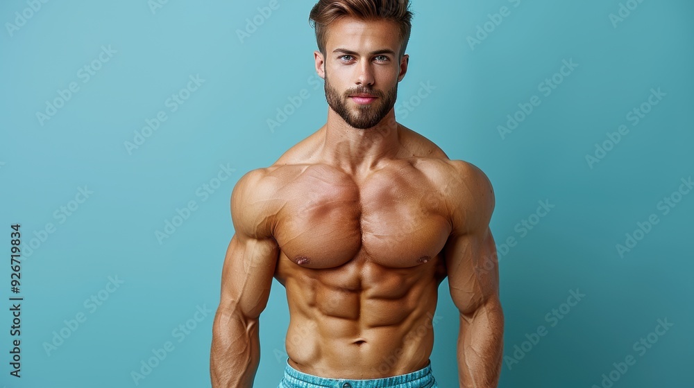 Young muscular man posing against a solid blue background showcasing his physique in workout shorts Young muscular man posing against a solid blue background showcasing his physique in workout shorts
