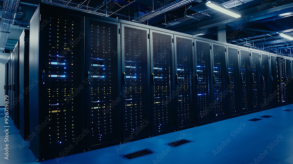 Modern server room filled with highpowered IT racks with latest in data storage technology. Tech infrastructure designed for optimal performance and efficiency. Information upload to physical server
Modern server room filled with highpowered IT racks with latest in data storage technology. Tech infrastructure designed for optimal performance and efficiency. Information upload to physical server