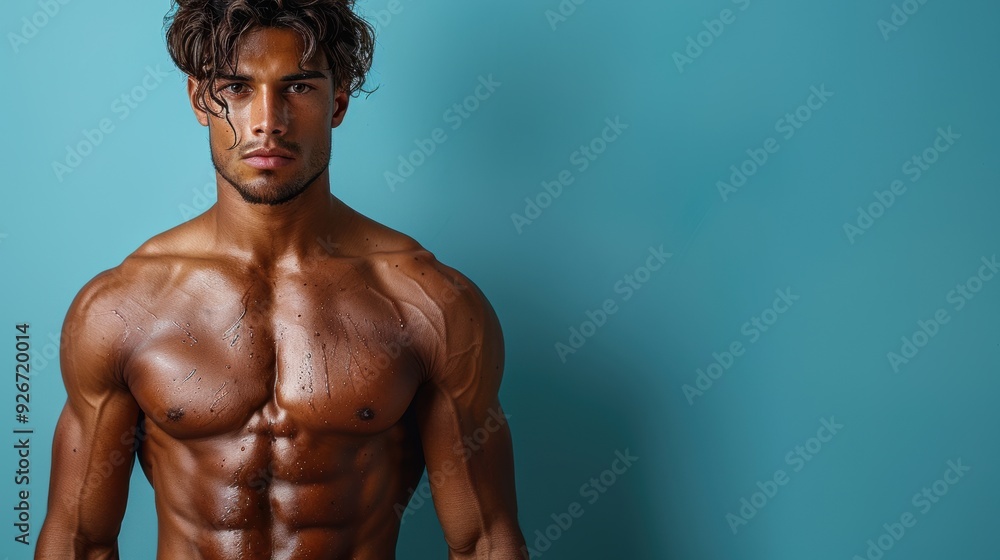 Obraz premium Fitness model posing in a gym with a blue background showcasing a toned physique and muscles
