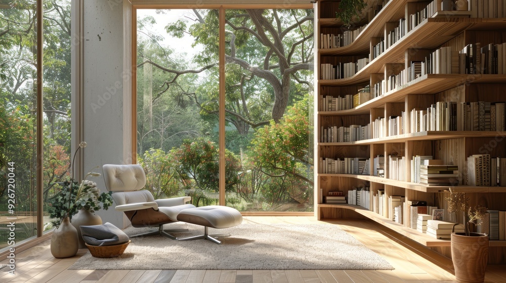 Minimalist reading room with built-in bookshelf, lounge chair, large window. Minimalist reading room with built-in bookshelf, lounge chair, large window.
