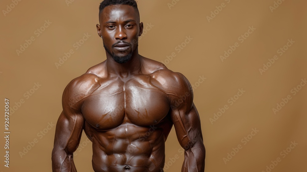 Bodybuilder showcasing impressive muscular physique against a neutral background in a professional posing session Bodybuilder showcasing impressive muscular physique against a neutral background in a professional posing session