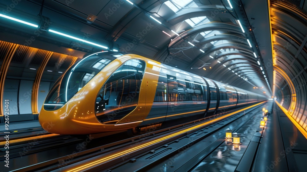 A futuristic tram traveling through an underground tunnel, highlighting advancements in urban transport. A futuristic tram traveling through an underground tunnel, highlighting advancements in urban transport.