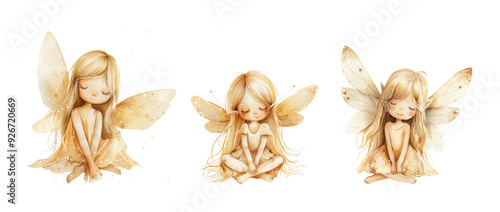 Vector watercolor illustration set of three dreamy fairies with wings