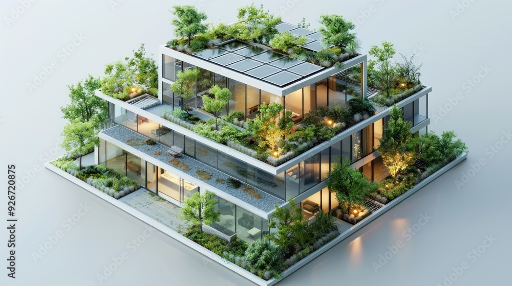 3D model of an eco-friendly office building with solar panels, green roofs, and natural lighting, highlighting sustainable architecture. 3D model of an eco-friendly office building with solar panels, green roofs, and natural lighting, highlighting sustainable architecture.