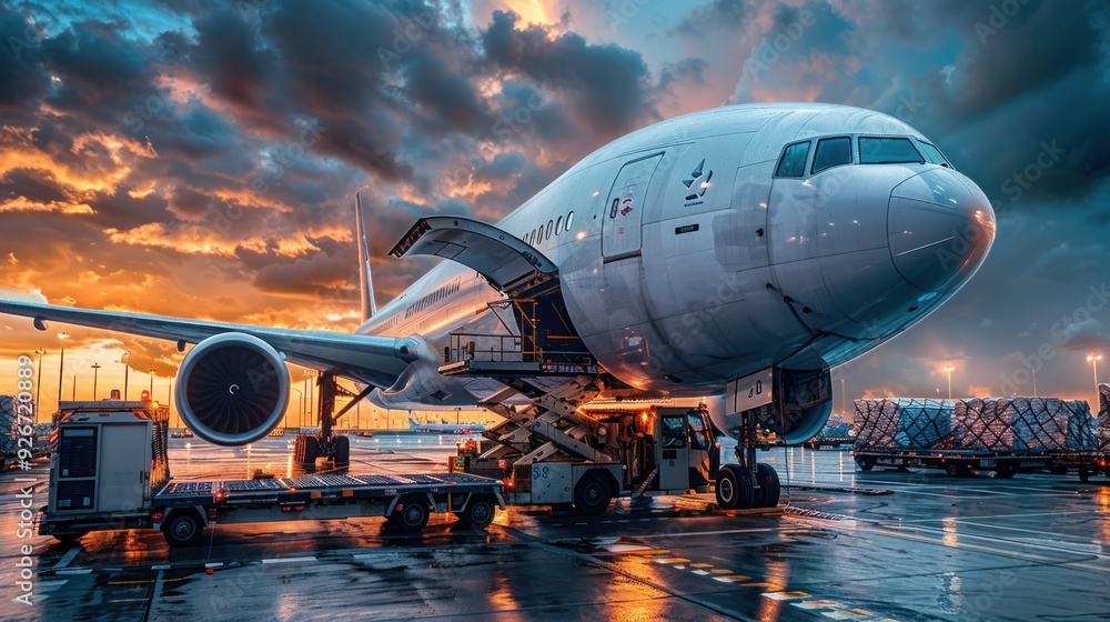 Cargo plane, loading freight containers, airport, global logistics. Cargo plane, loading freight containers, airport, global logistics.