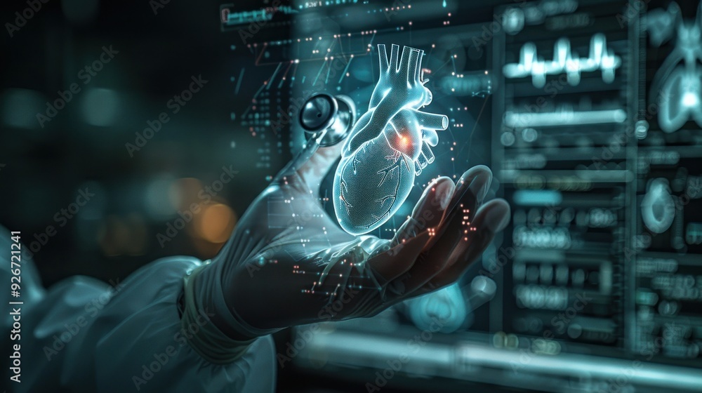 Medical professional using digital stethoscope on virtual interface, showing real-time diagnosis of heart and skin health.