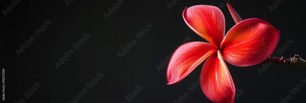 Fototapeta premium A striking red Plumeria flower isolated against a black backdrop, showcasing its vibrant color