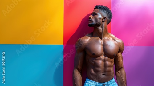 Man with muscular physique poses confidently against colorful geometric wall background in urban setting photo