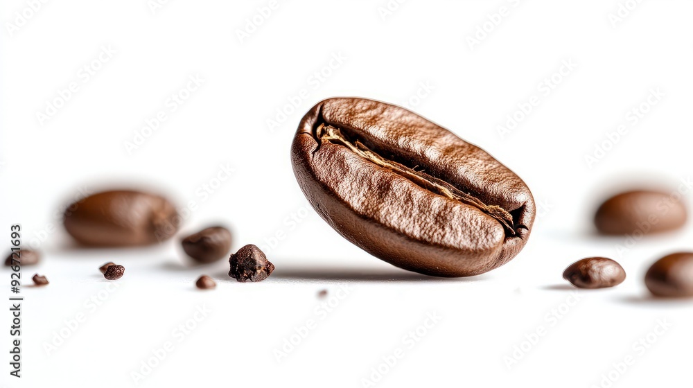 Close-up of a roasted coffee bean on white background, with other beans blurred in background. Close-up of a roasted coffee bean on white background, with other beans blurred in background.