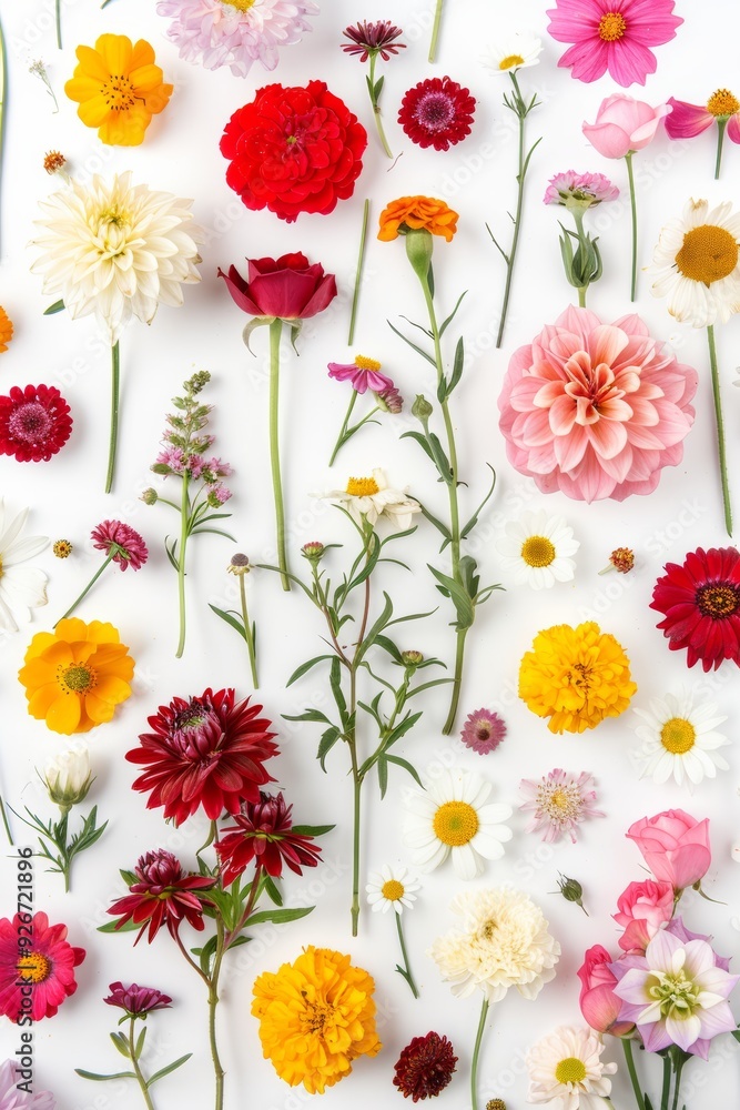 Assorted red, pink, yellow, and white flowers like rose, dahlia, marigold, zinnia, straw flower Assorted red, pink, yellow, and white flowers like rose, dahlia, marigold, zinnia, straw flower