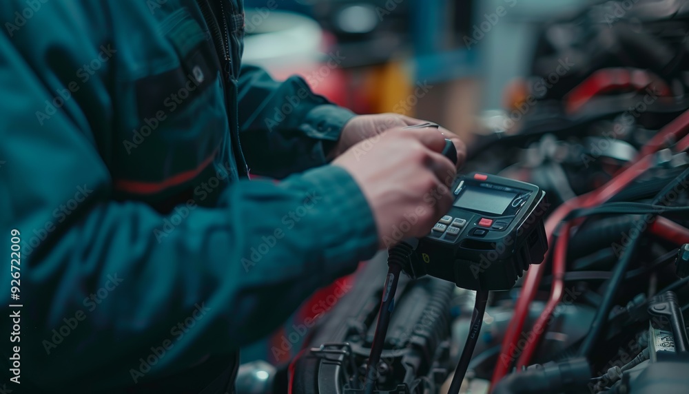 Automotive technician using a diagnostic scanner in the workshop for car maintenance and repair Automotive technician using a diagnostic scanner in the workshop for car maintenance and repair