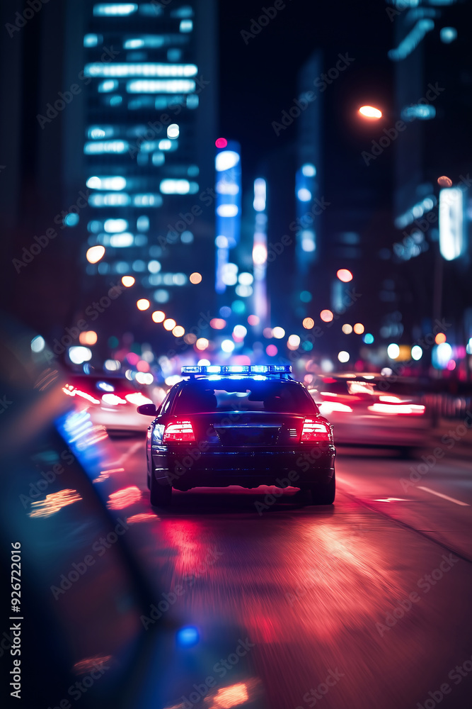 A vibrant night in the city as a police car with flashing lights navigates busy streets, capturing the energy and urgency of urban life A vibrant night in the city as a police car with flashing lights navigates busy streets, capturing the energy and urgency of urban life