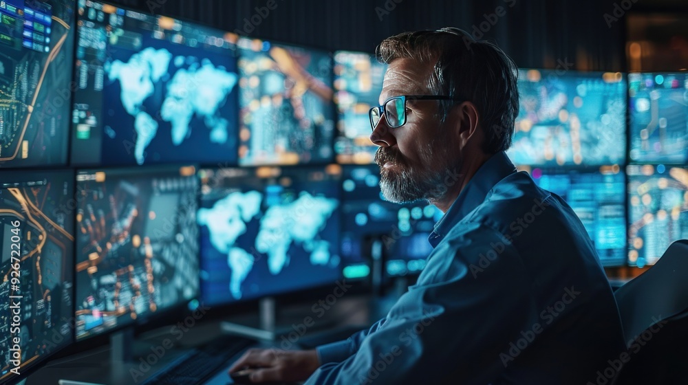 Logistics coordinator, real-time tracking, control room, multiple screens. Logistics coordinator, real-time tracking, control room, multiple screens.