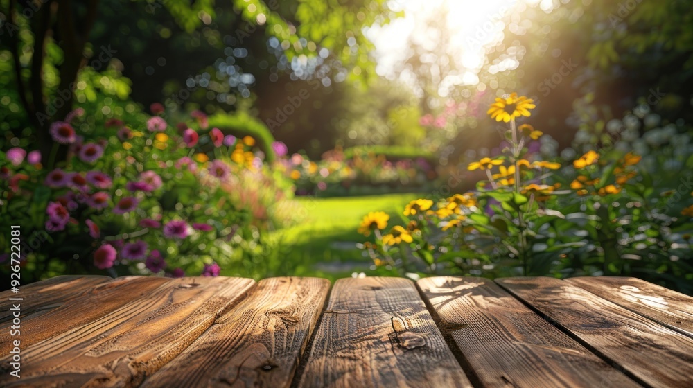 Empty wooden table with bright natural daylight, blurred background of outdoor garden. Empty wooden table with bright natural daylight, blurred background of outdoor garden.