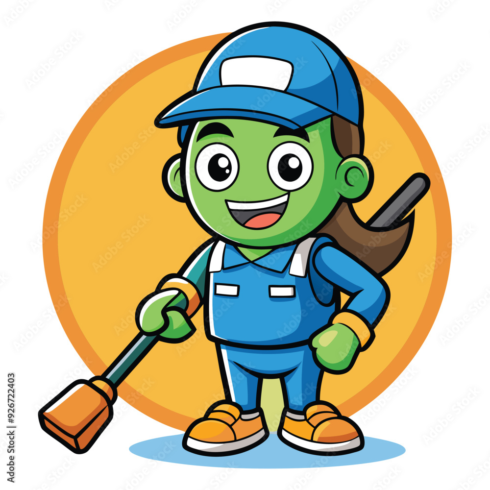 Fototapeta premium Cleaning service cartoon character with cleaning elements vector illustration