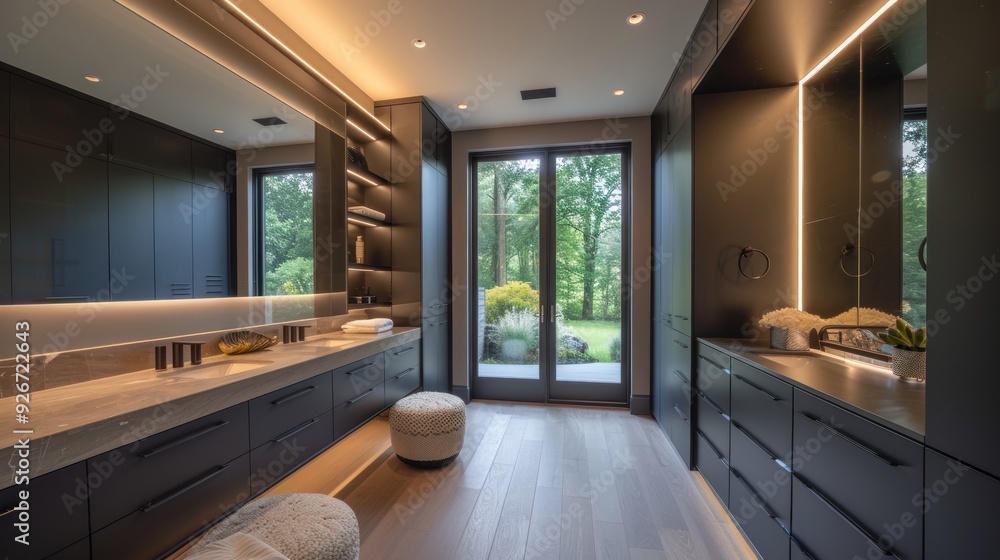 Modern minimalist dressing room with floor-to-ceiling mirrors, floating vanity with backlit mirror, custom matte black cabinetry. Modern minimalist dressing room with floor-to-ceiling mirrors, floating vanity with backlit mirror, custom matte black cabinetry.