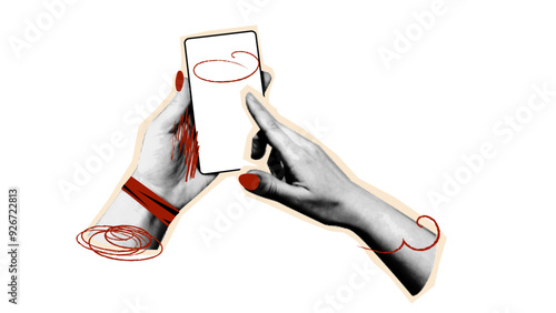 Halftone collage monochrome hands holding a mobile phone isolated on white transparent background