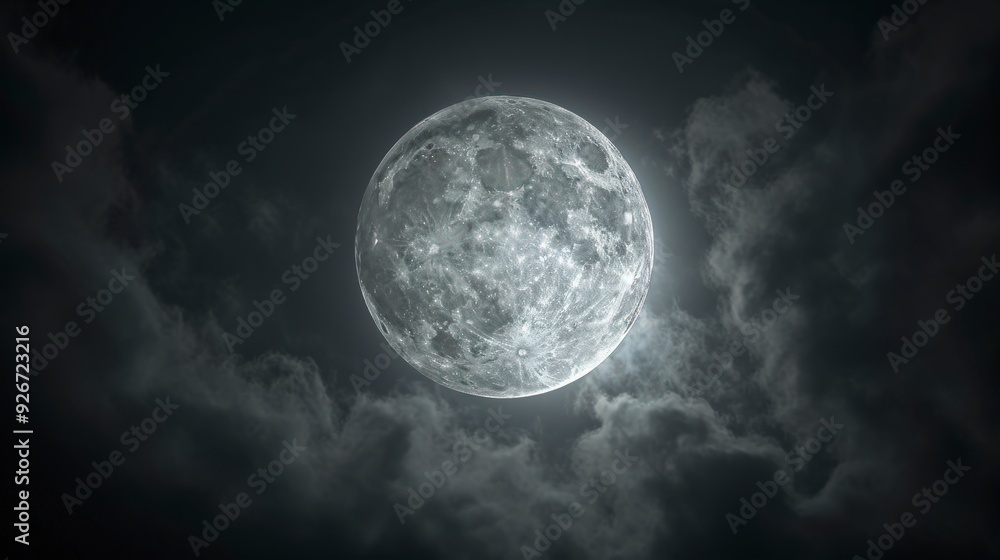 Full moon shining brightly through dark cloudy sky. Full moon shining brightly through dark cloudy sky.