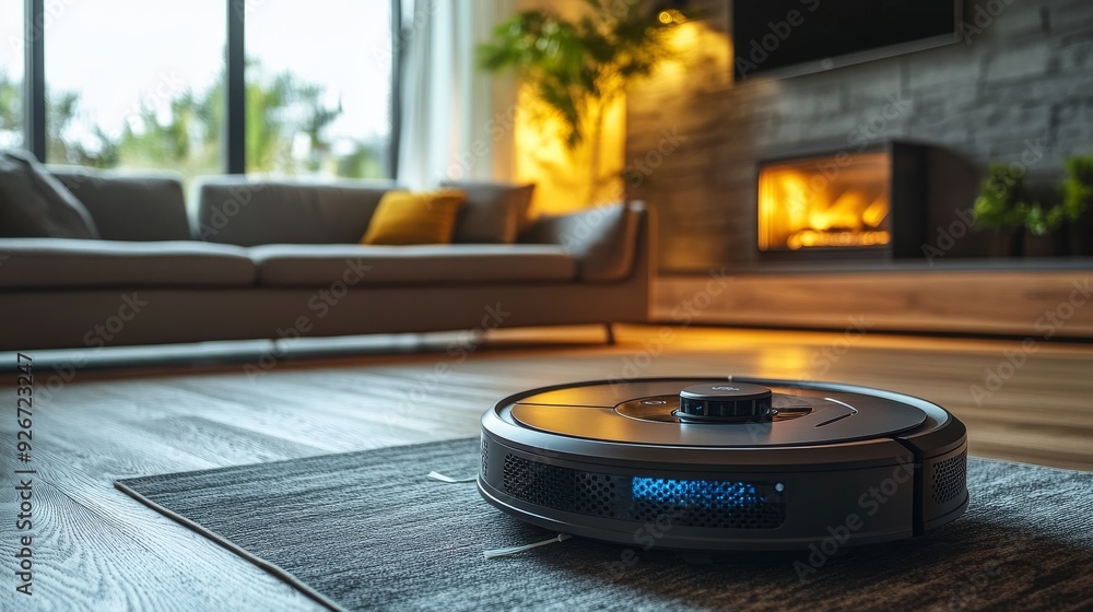 Smart Home with AI-Powered Cleaning Robots: Homes featuring cleaning robots managed by AI for efficiency. Smart Home with AI-Powered Cleaning Robots: Homes featuring cleaning robots managed by AI for efficiency.