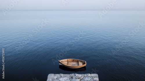 An ancient wooden sailboat anchored at a rocky pier, enveloped by tranquil waters, instilling a feeling of serene isolation and nautical charm. photo