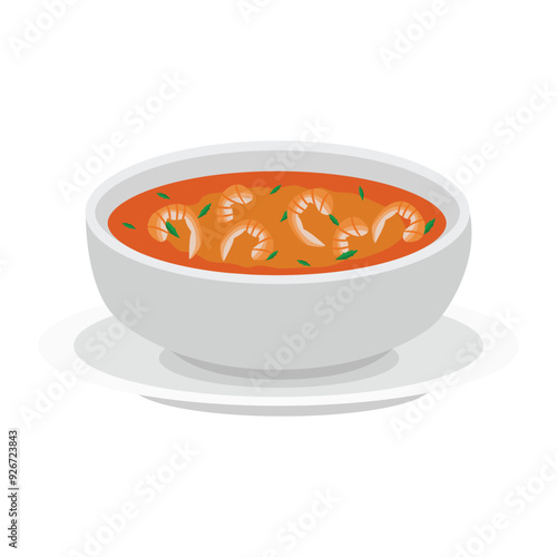 Shrimp with sauce,white bowl with tasty seafood soup with shrimps and greens,vector illustration