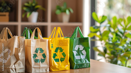 A collection of eco-friendly biodegradable plastic bags adorned with the universal recycling symbol, showcasing a variety of sustainable packaging options designed for responsible waste management
