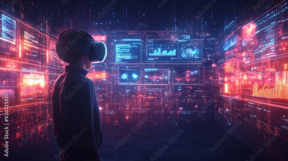 Cybersecurity Interfaces in a Virtual Reality Space: A user interacting with a cybersecurity dashboard in a VR environment, managing digital threats. Cybersecurity Interfaces in a Virtual Reality Space: A user interacting with a cybersecurity dashboard in a VR environment, managing digital threats.