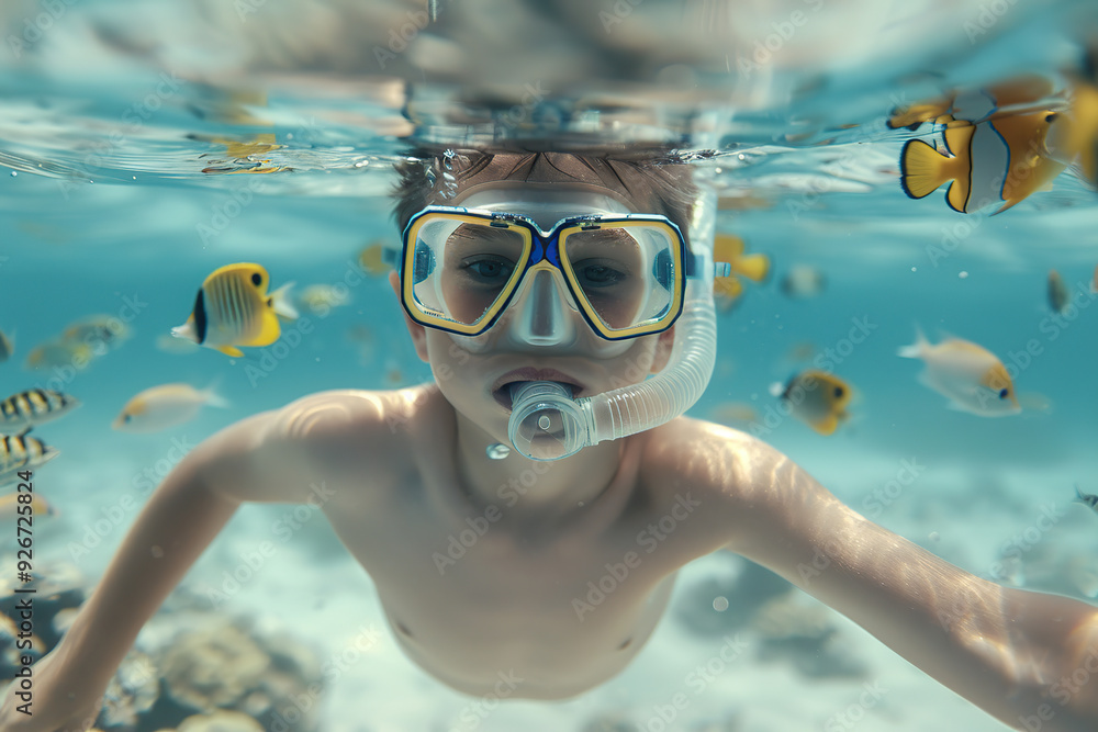 Naklejka premium Underwater photo of young child boy swimming near corals and reefs