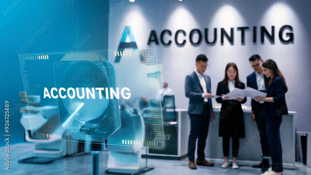 The image shows an account, with emphasis on a holographic screen, with a wall behind it that reads ACCOUNTING and a group of four employees standing and discussing documents. The image shows an account, with emphasis on a holographic screen, with a wall behind it that reads ACCOUNTING and a group of four employees standing and discussing documents.