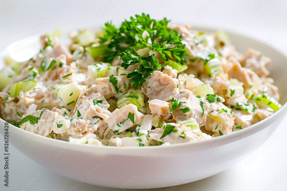 Tuna salad with celery and parsley in white bowl Tuna salad with celery and parsley in white bowl