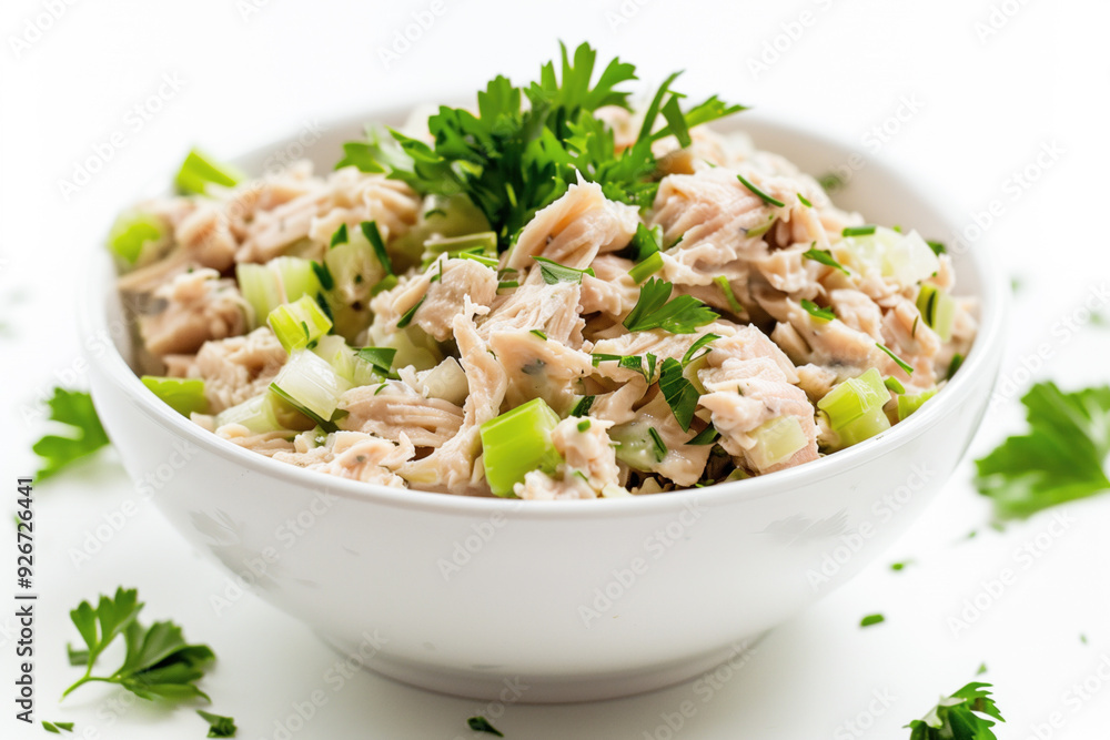 Tuna salad featuring celery and parsley Tuna salad featuring celery and parsley