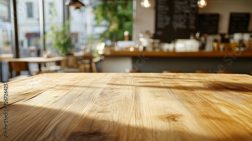 Wooden table with blurry cafe interior in the background.