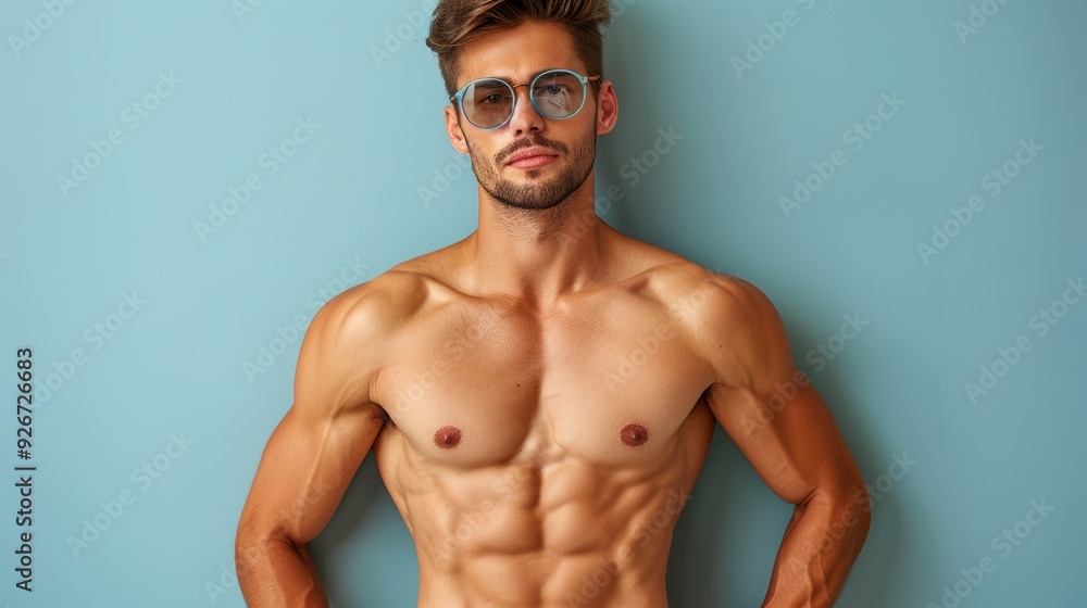 A young man poses confidently against a blue background, showcasing his muscular physique and wearing stylish glasses A young man poses confidently against a blue background, showcasing his muscular physique and wearing stylish glasses