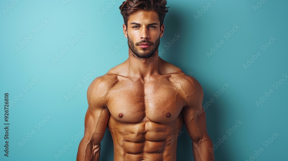 Fit young man posing confidently against a solid blue background, showcasing a muscular physique and strong abs Fit young man posing confidently against a solid blue background, showcasing a muscular physique and strong abs