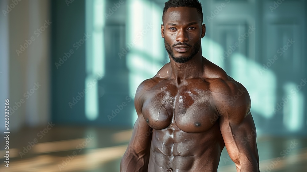 Fototapeta premium Muscular man posing confidently indoors, showcasing fitness and strength during daylight
