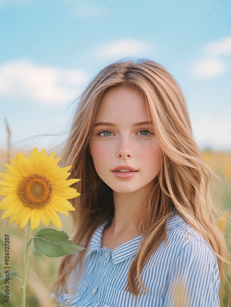 Young woman with long hair standing beside a sunflower in a vibrant field on a sunny day Young woman with long hair standing beside a sunflower in a vibrant field on a sunny day