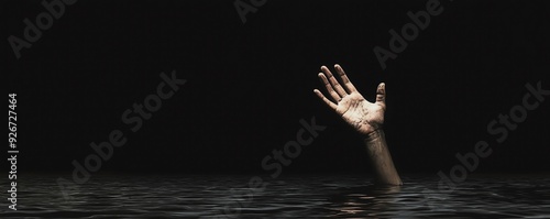 A lone hand reaching up from dark water, fingers grasping for hope, large empty space above for text
