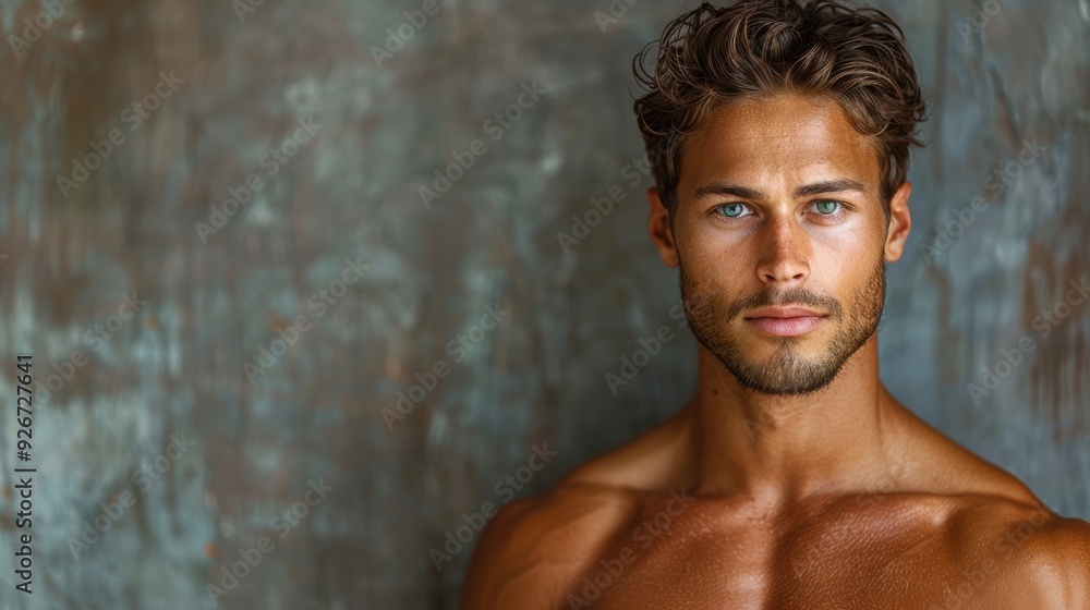Young man with tousled hair and striking blue eyes poses against a textured brown backdrop indoors Young man with tousled hair and striking blue eyes poses against a textured brown backdrop indoors