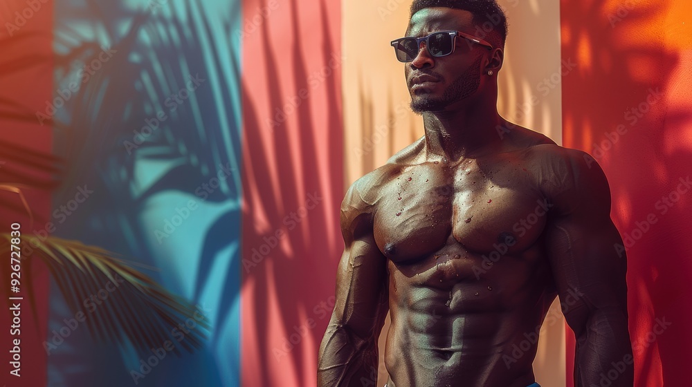Muscular man posing against a colorful wall with tropical plants on a sunny day Muscular man posing against a colorful wall with tropical plants on a sunny day