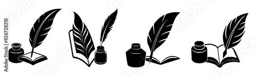 Writing Tools Ink Pot A Book And Feathers