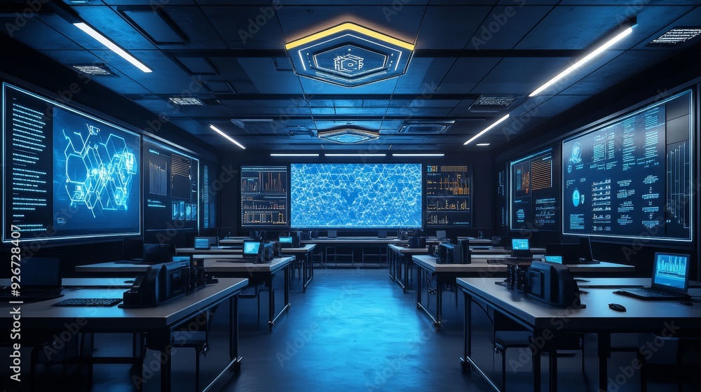 Futuristic Classroom with AI-Enhanced STEM Learning: Classrooms focusing on STEM subjects with AI assistance. Futuristic Classroom with AI-Enhanced STEM Learning: Classrooms focusing on STEM subjects with AI assistance.