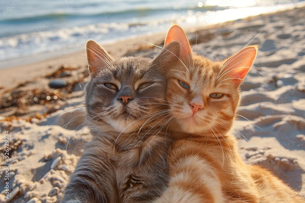Cute grey and ginger cats making selfie photo on beach sand Cute grey and ginger cats making selfie photo on beach sand