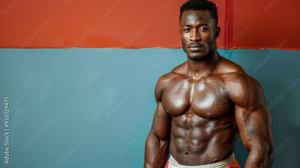 A muscular man poses confidently against a two-toned wall in a fitness studio, showcasing strength and determination A muscular man poses confidently against a two-toned wall in a fitness studio, showcasing strength and determination