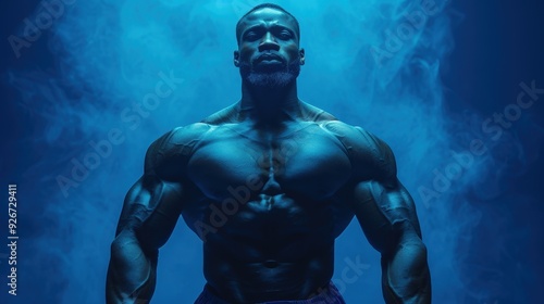 A muscular athlete poses in dramatic blue lighting with a smoky background