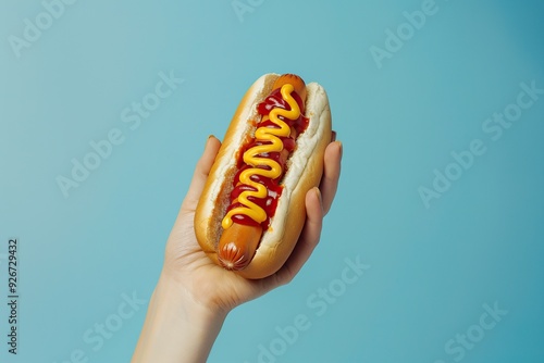 Female hand holding hot dog with ketchup and mustard