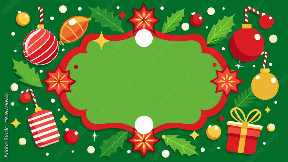 Christmas background with gifts, ornaments, and stars on green and red background with copy space Christmas background with gifts, ornaments, and stars on green and red background with copy space